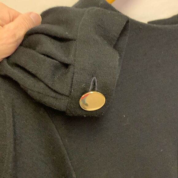 Vintage 70s N.R.1 Black Wool Double Knit Gold Button LS Shift Midi Dress Size 10 - Picture 13 of 14